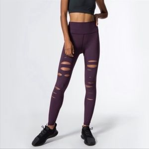Alo Yoga Women's High Waisted Ripped Warrior Tights Eggplant Purple (XS)